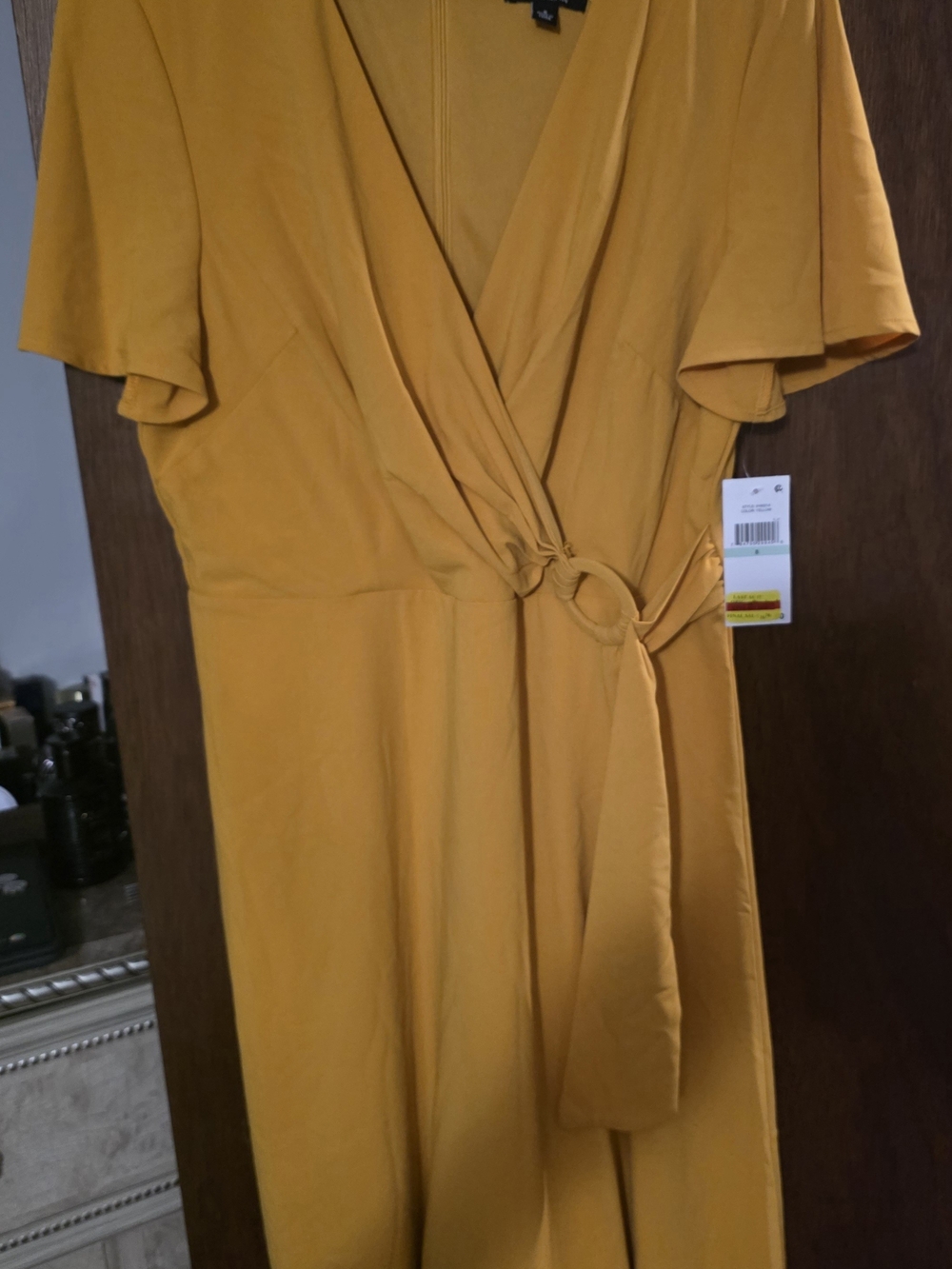 SLNY Mustard Yellow Wrap Midi Dress with Ring Tie